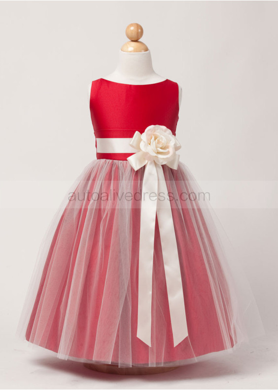 A-line Satin Tulle Knee Length Flower Girl Dress With Flower Sash